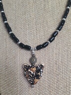 Handmade Black and Silver Beaded Necklace with Speckled Brown Leopard Pendant